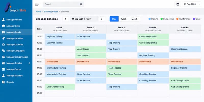 Snappy Stats schedule board: lanes, time slots and classes assigned to instructors