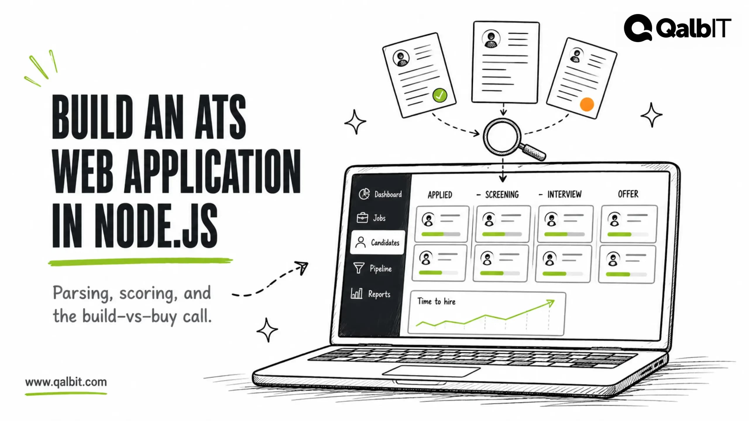 Illustration of a Node.js ATS web application with resumes feeding into a candidate pipeline dashboard