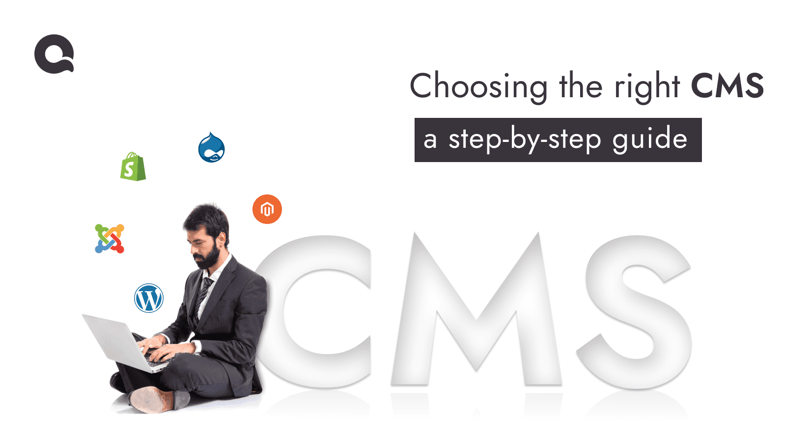 A businessman sitting with a laptop alongside logos of popular CMS platforms like WordPress, Shopify, Drupal, Magento, and Joomla, titled "Choosing the right CMS: A step-by-step guide.