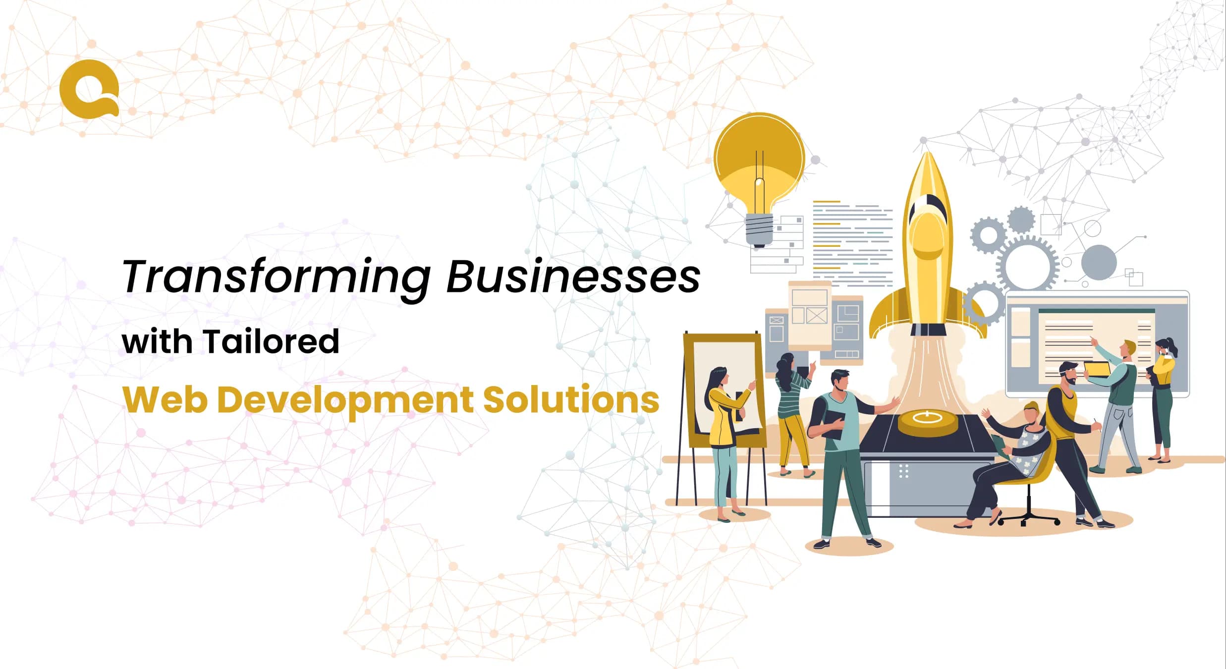 Illustration of professionals collaborating on tailored web development solutions to boost business growth with a rocket launch symbolizing progress.