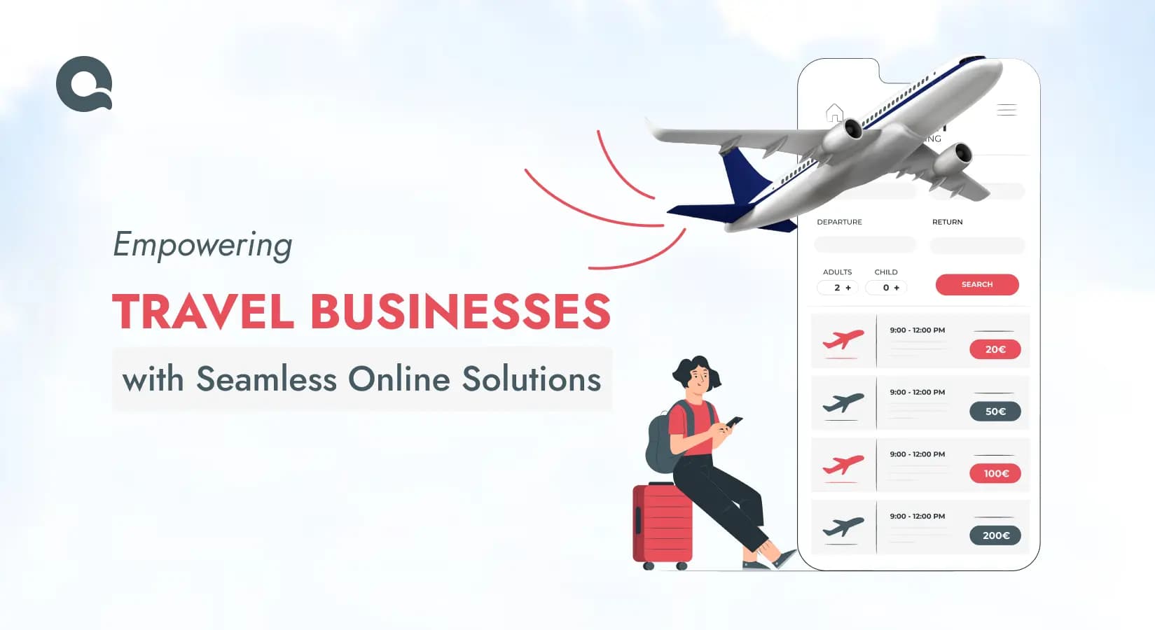 Empowering travel businesses with seamless online solutions: A customer using a mobile app to book flights, with an airplane flying in the background.