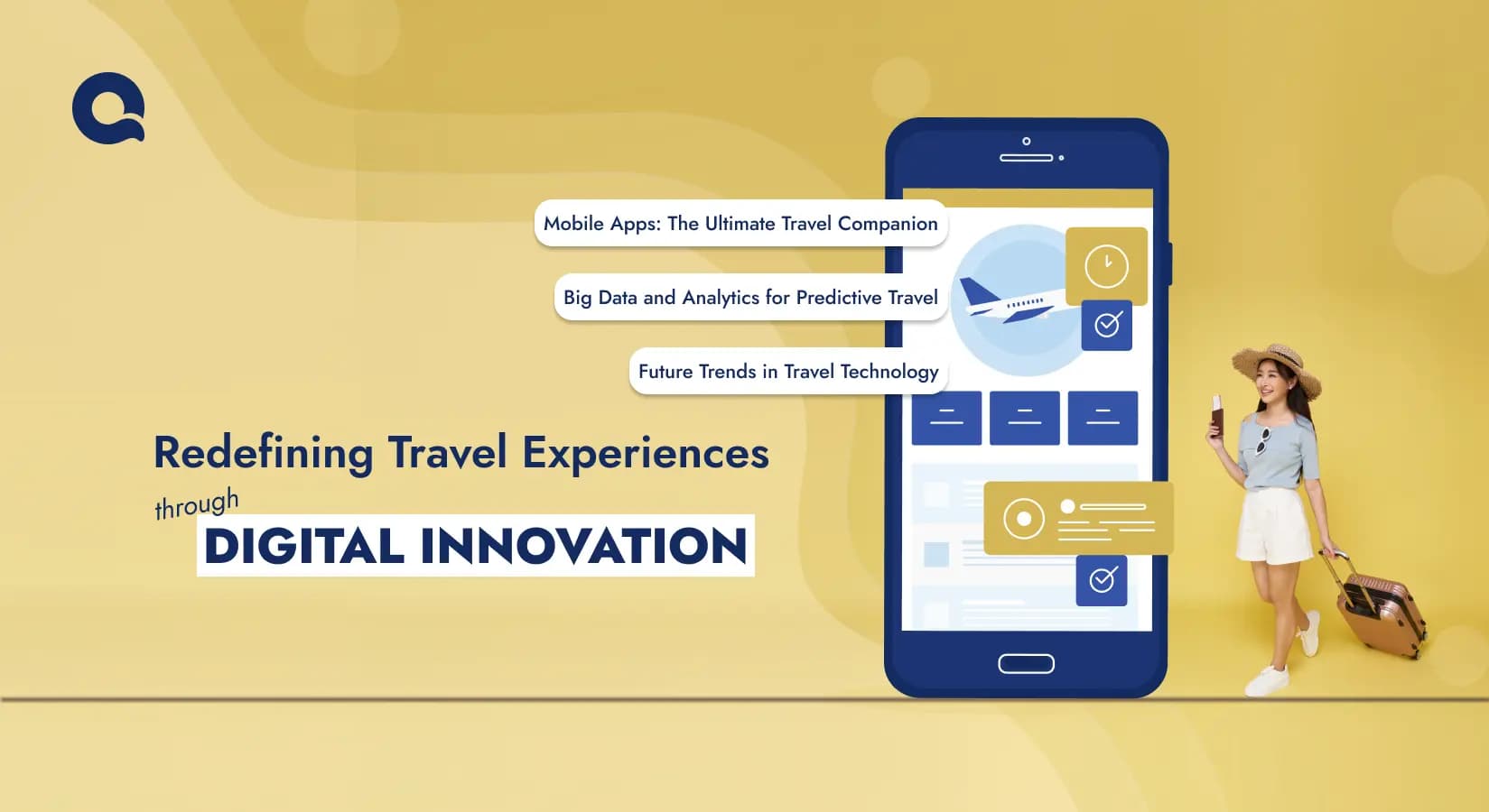 Graphic illustrating digital innovation in travel, featuring a smartphone screen with travel icons and a female traveler. Text reads "Redefining Travel Experiences through Digital Innovation," highlighting key topics like mobile apps, big data, and future travel trends.