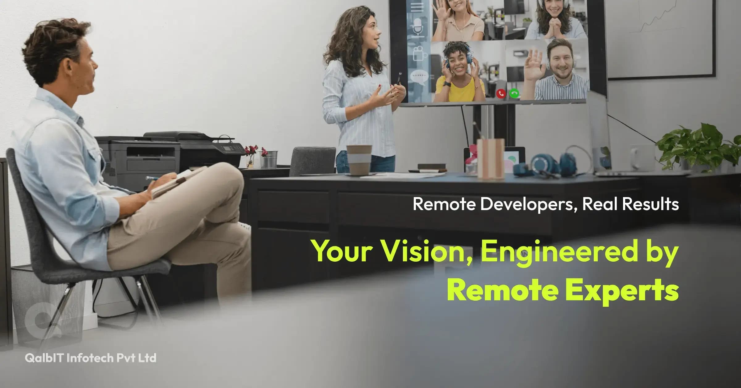 Team of remote software developers on a virtual meeting discussing project collaboration.