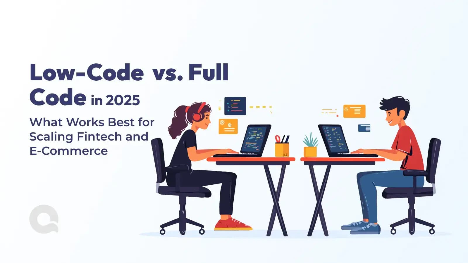 Colorful illustration of two developers working on laptops, representing low-code and full-code development strategies for fintech and e-commerce growth in Dubai in 2025.
