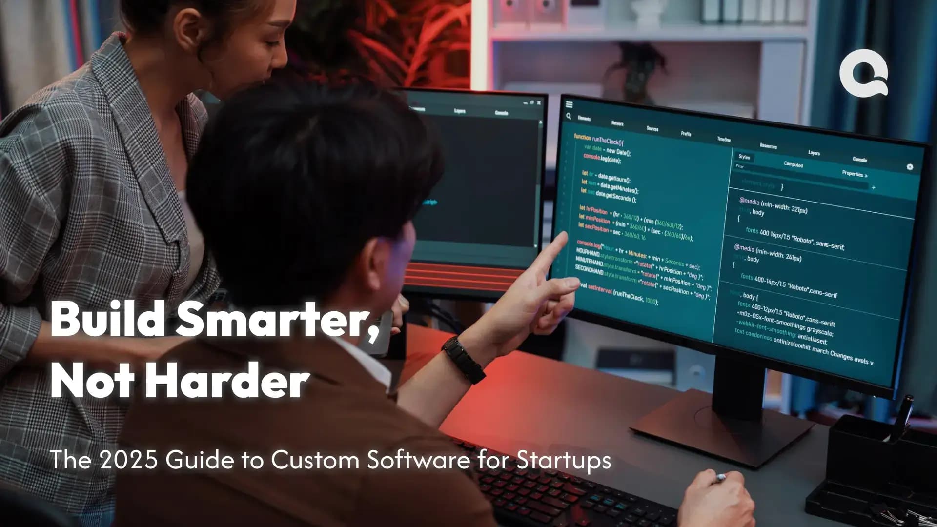 Startup team developing custom software using modern tools on dual monitors — representing lean development in 2025.