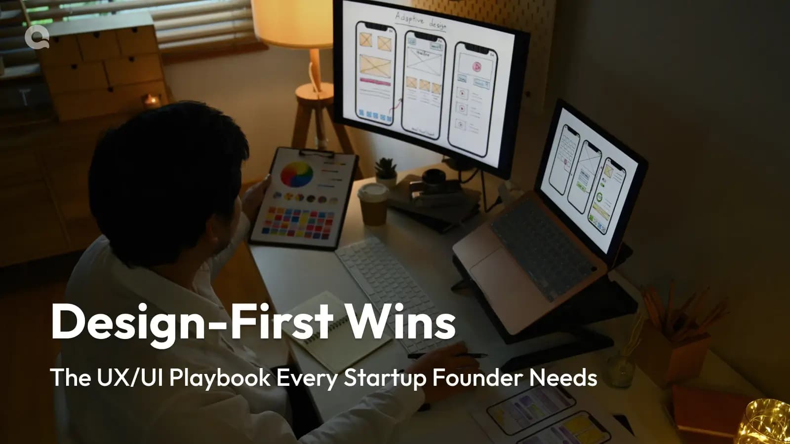 Startup founder designing UX interface on dual-screen setup in low-light workspace