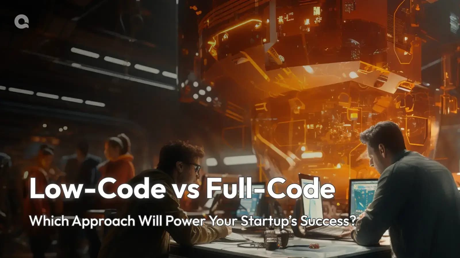 Two developers working on futuristic systems, visually representing the decision between Low-Code for fast MVPs and Full-Code for scalable, custom solutions.