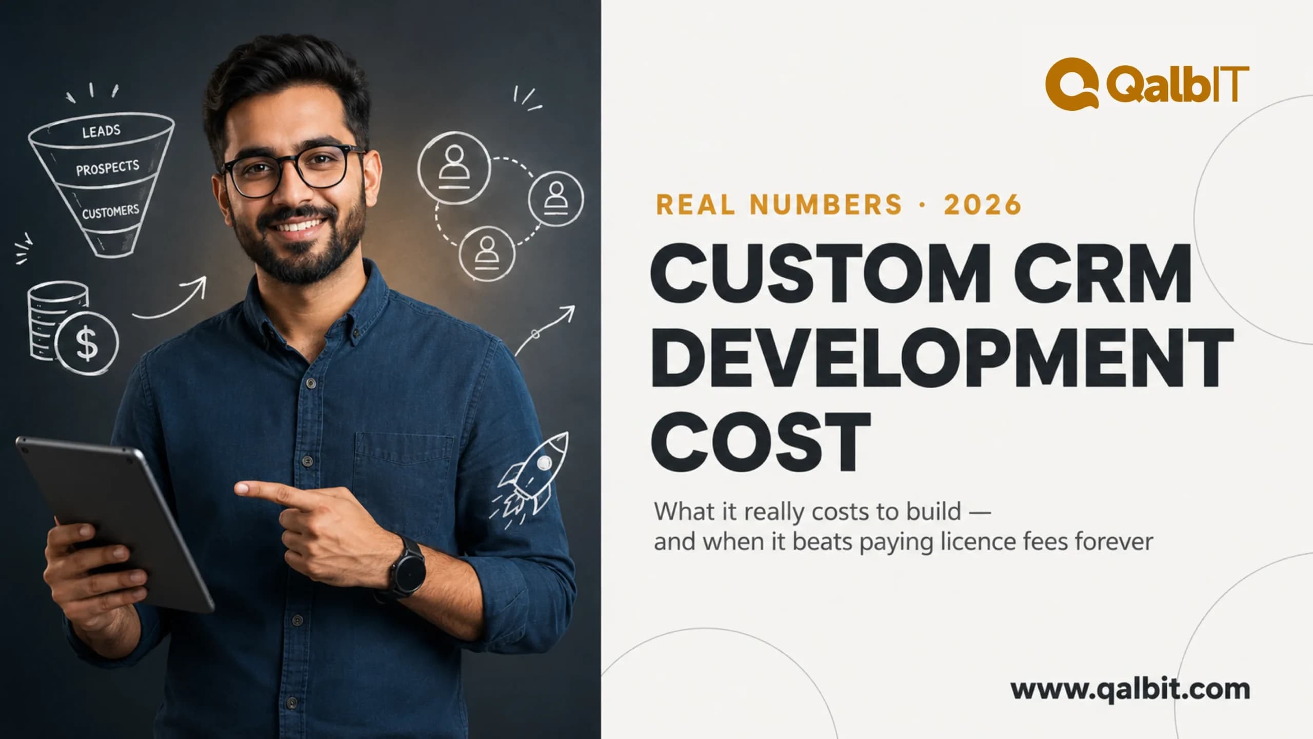 Custom CRM development cost in 2026 guide banner by QalbIT, showing a sales funnel of leads, prospects and customers