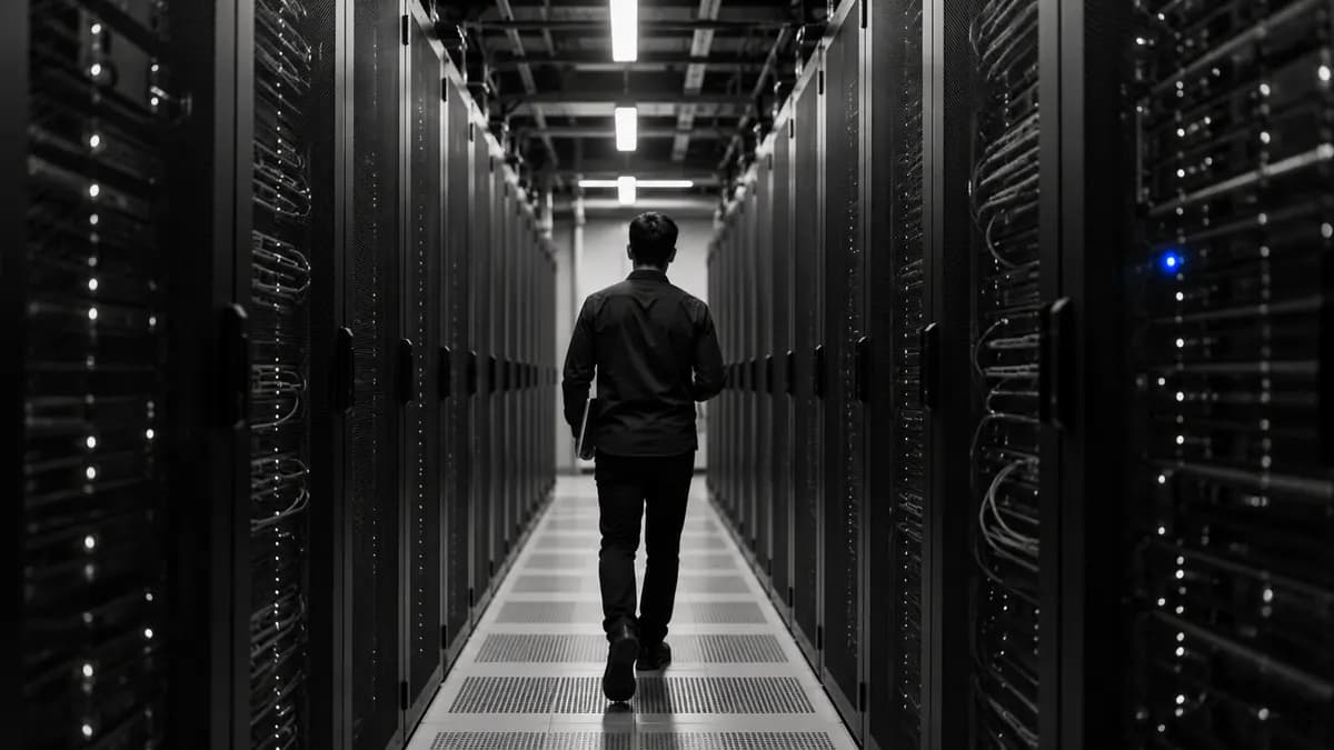 Engineer walking a dim server room corridor between racks, one status light lit