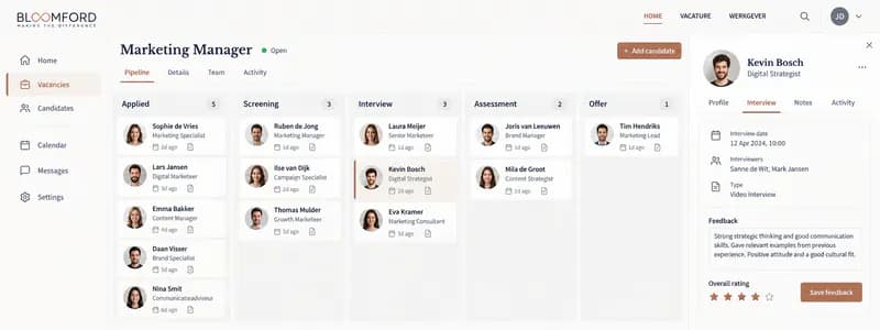 Bloomford recruiter dashboard: one vacancy pipeline from applied to offer