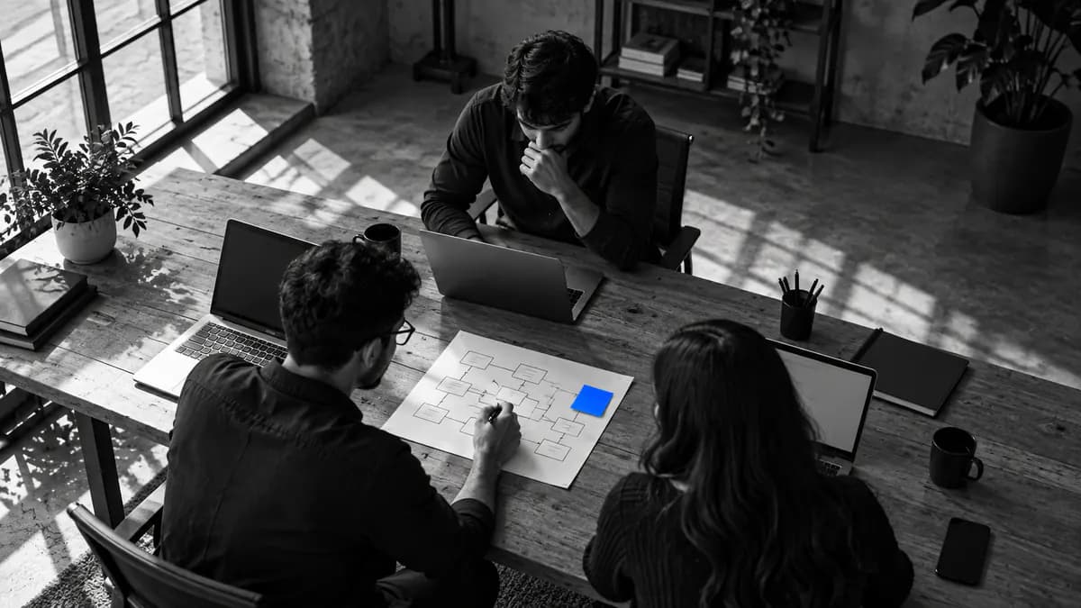 Custom software development team at a shared table reviewing an architecture diagram on paper