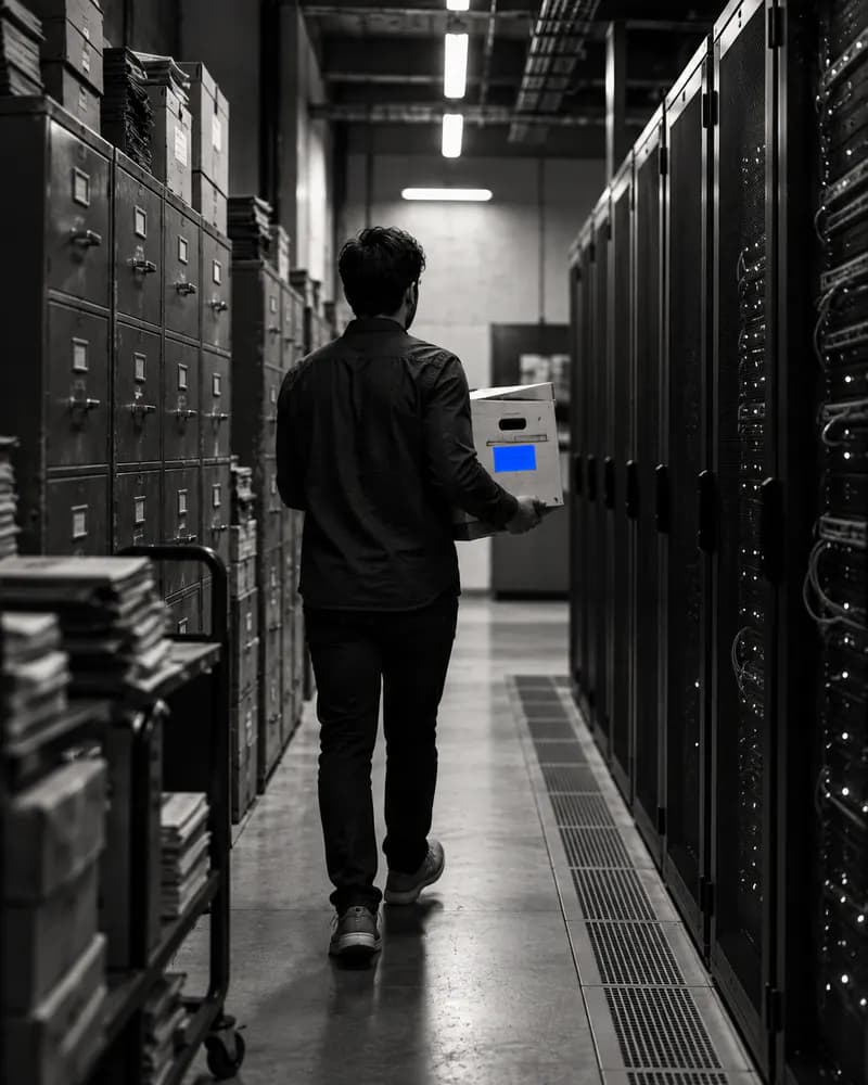 A person carrying an archive box between an old filing cabinet wall and a modern server rack