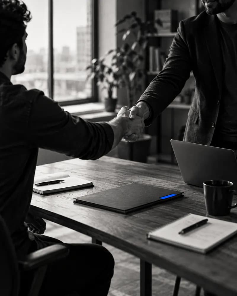 A handshake across a long table with open notebooks and a contract folder