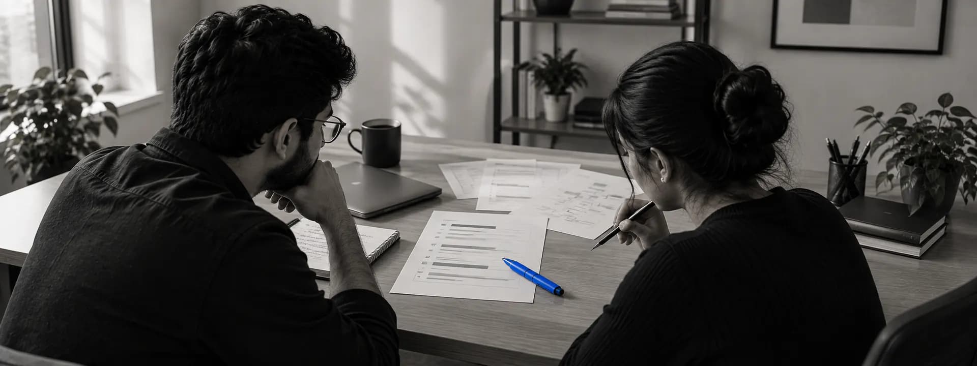 Choosing the model · a printed scope on the desk, a founder and an engineer weighing how settled it is