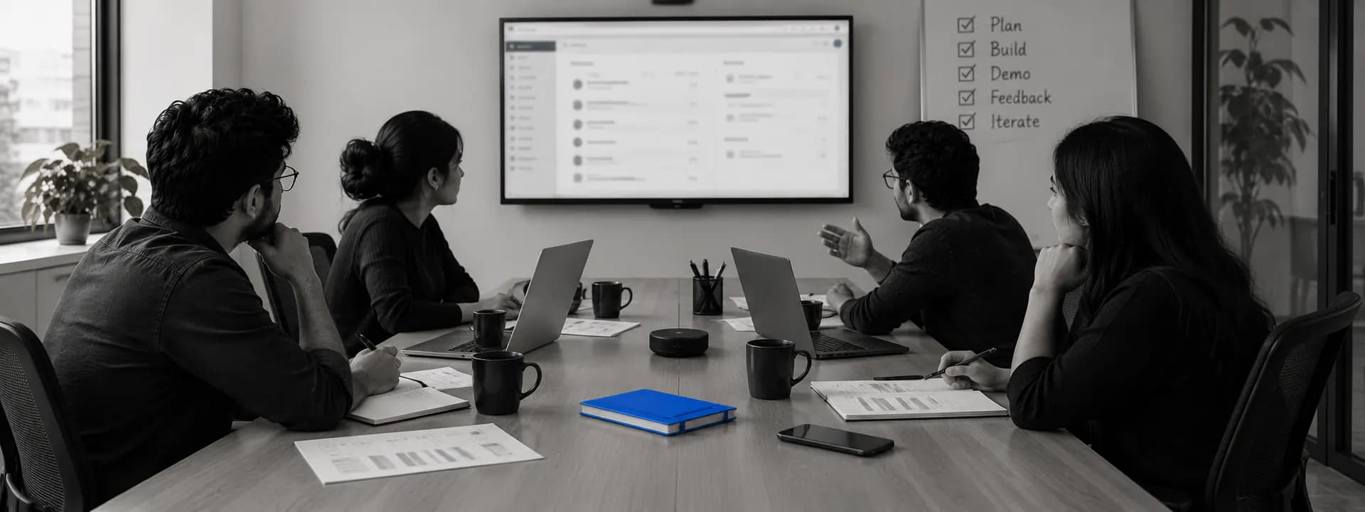 A sprint demo · the client team and the squad around one screen showing working software