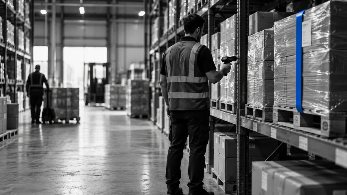 Warehouse aisle with tall shelving and an operator scanning stock for an ERP system