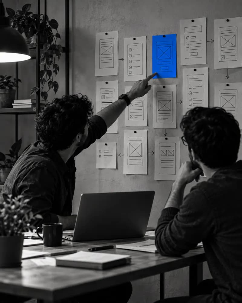 Two founders at a small table with a laptop, paper prototype screens pinned to the wall behind them