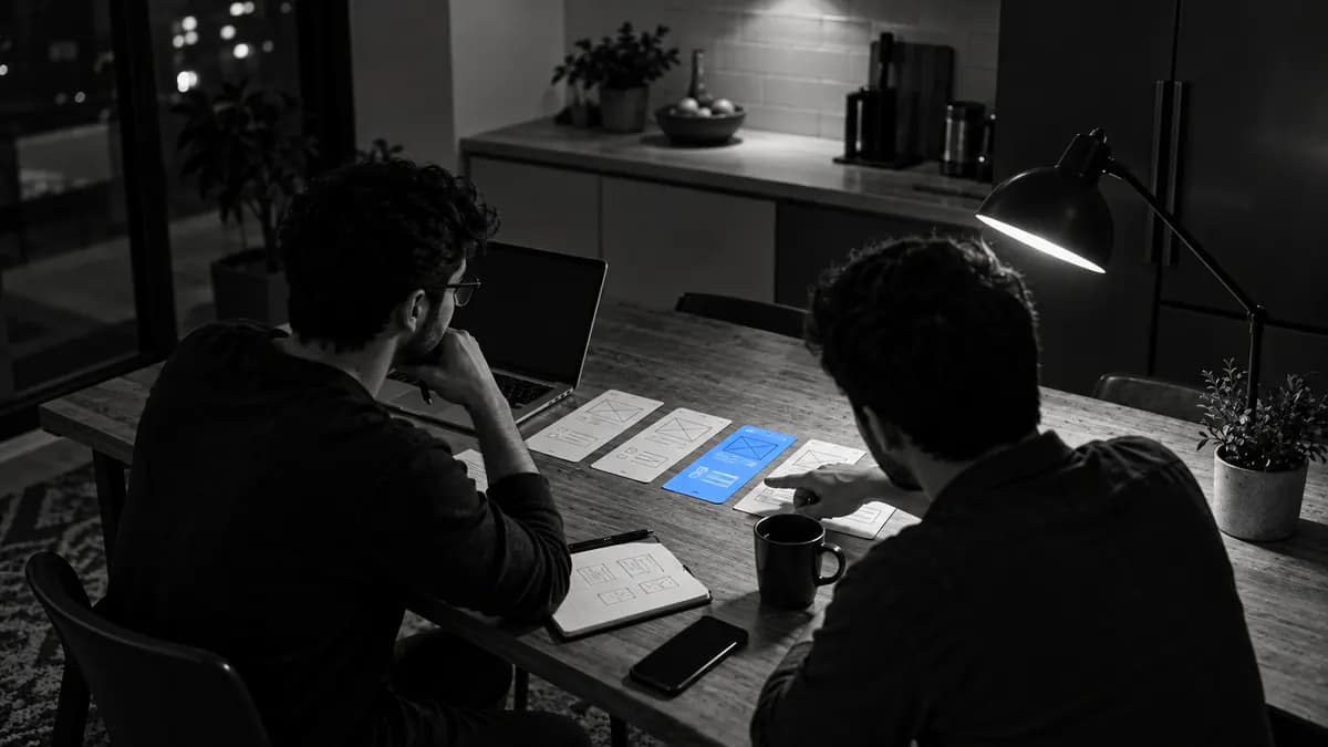 Two startup founders at a kitchen table with a laptop and a row of paper prototype screens