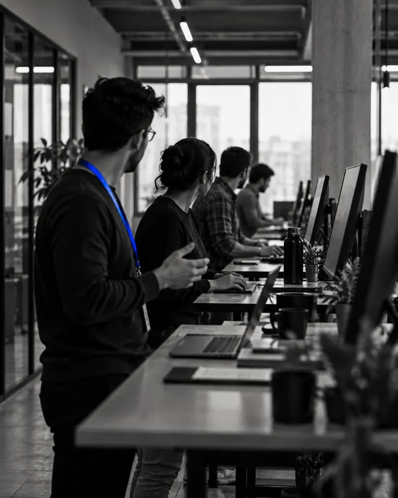A row of engineers at standing desks in deep perspective, one turning to talk