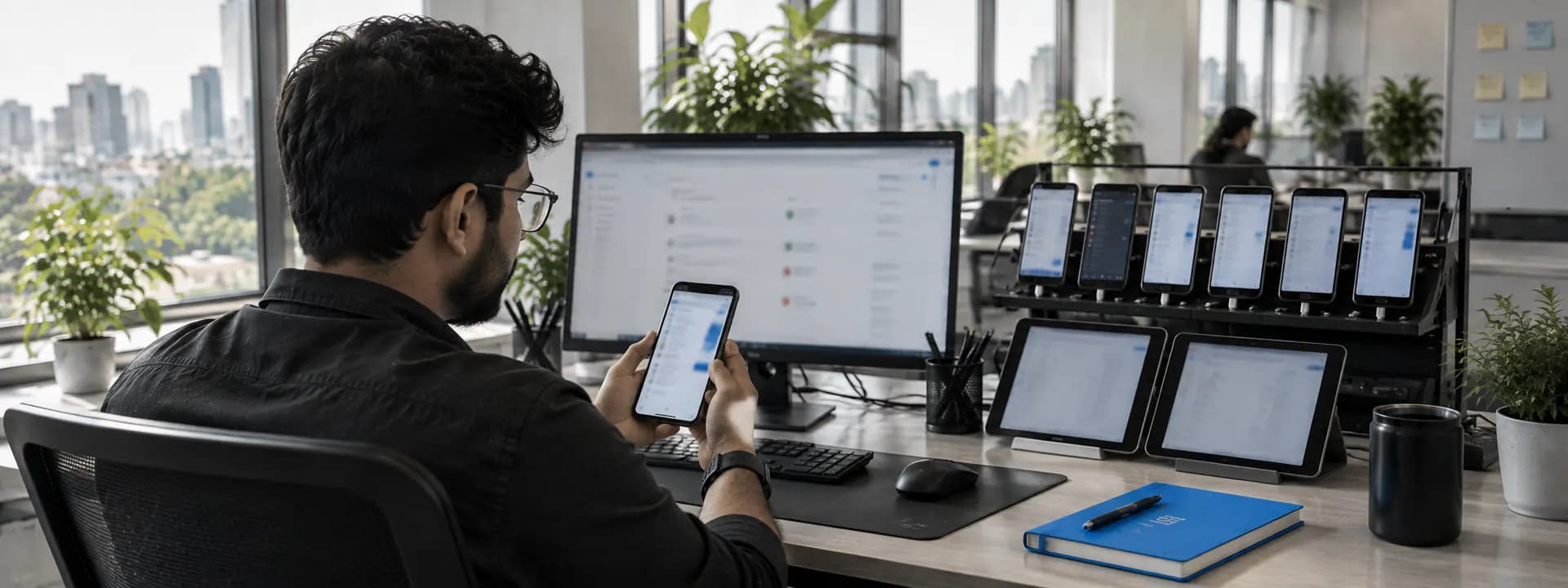 A QA engineer at a desk in the QalbIT office with a rack of test phones and tablets, one phone in hand showing the app under test.