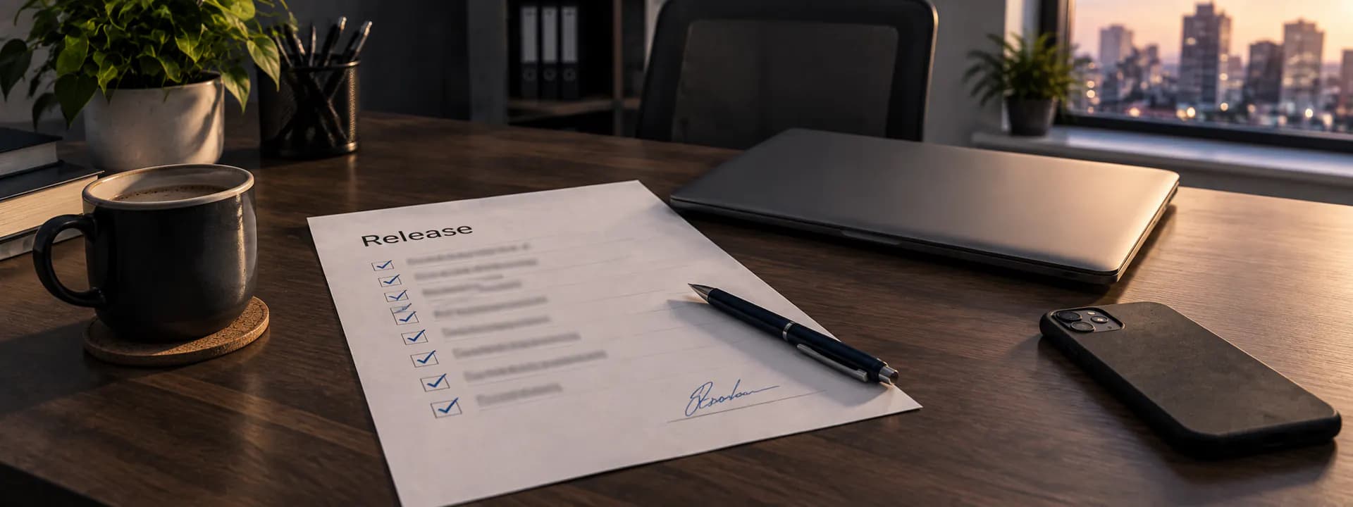 A printed release checklist with every line ticked and signed at the foot, a closed laptop beside it in evening light.