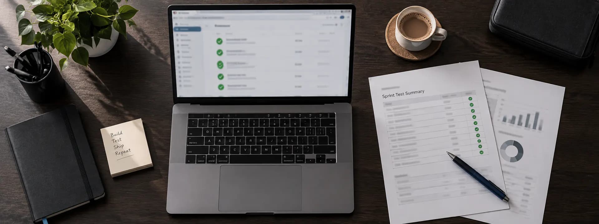 A laptop open to a CI dashboard with every check green, beside a printed sprint test summary and a cup of chai on a dark desk.
