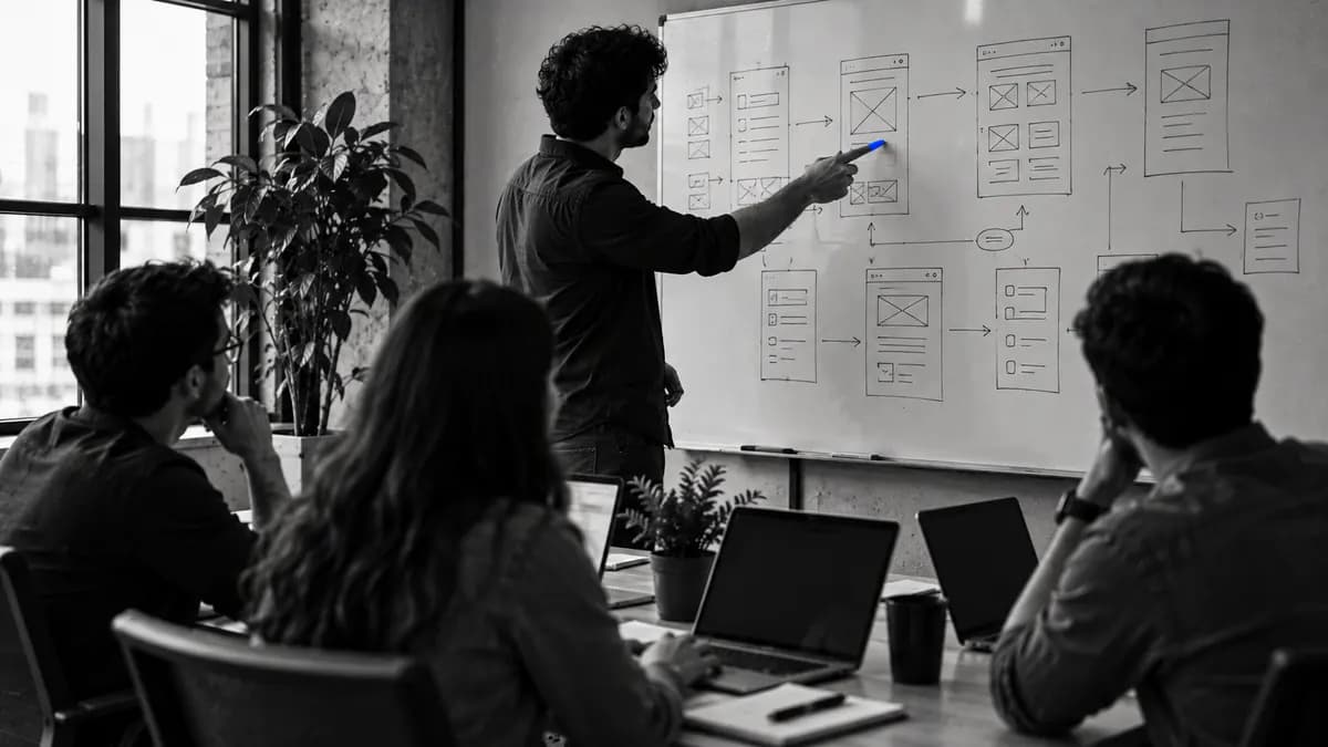 Product team at a whiteboard of SaaS wireframes and flows, one person presenting