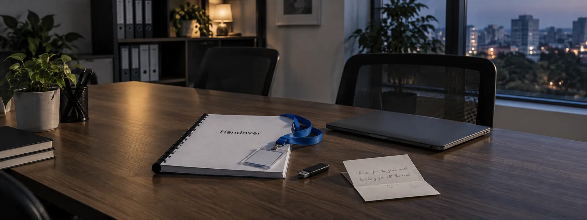 A printed handover pack with an office access card on top, a closed laptop beside it, on an office table in evening light.