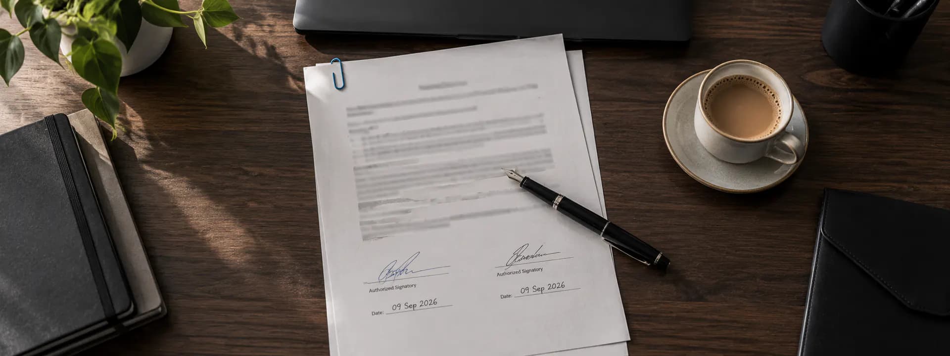 A signed mutual NDA open at the signature page on a dark desk, a fountain pen resting across it, a closed laptop beside it.