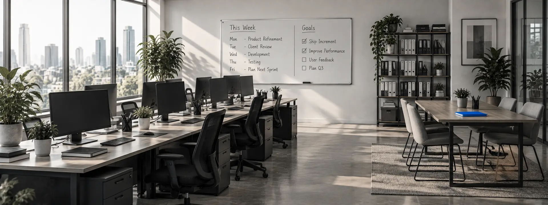 The QalbIT office: desks, screens and a whiteboard of the week’s work
