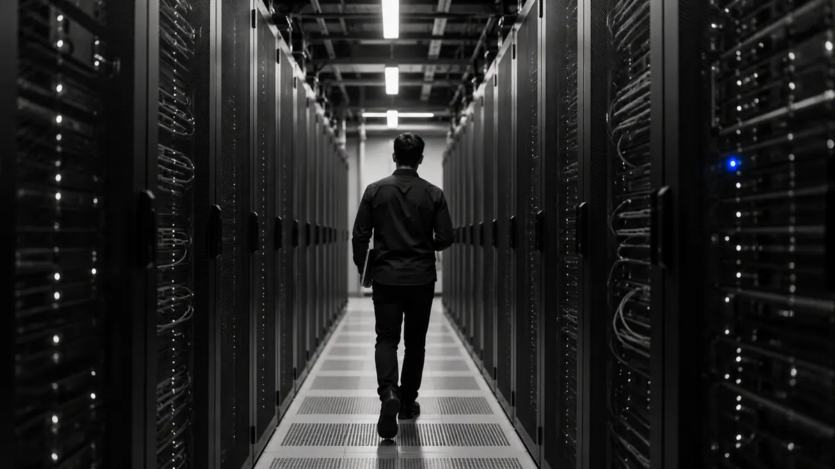 Engineer walking a dim server room corridor between racks, one status light lit