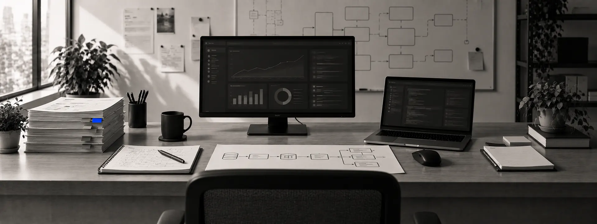 A research desk with a results chart, a pipeline diagram and annotated documents