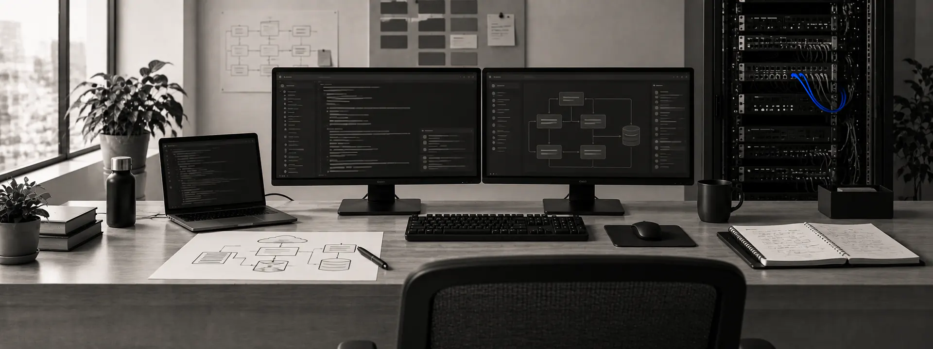 An engineering desk with code, a system diagram and a server rack