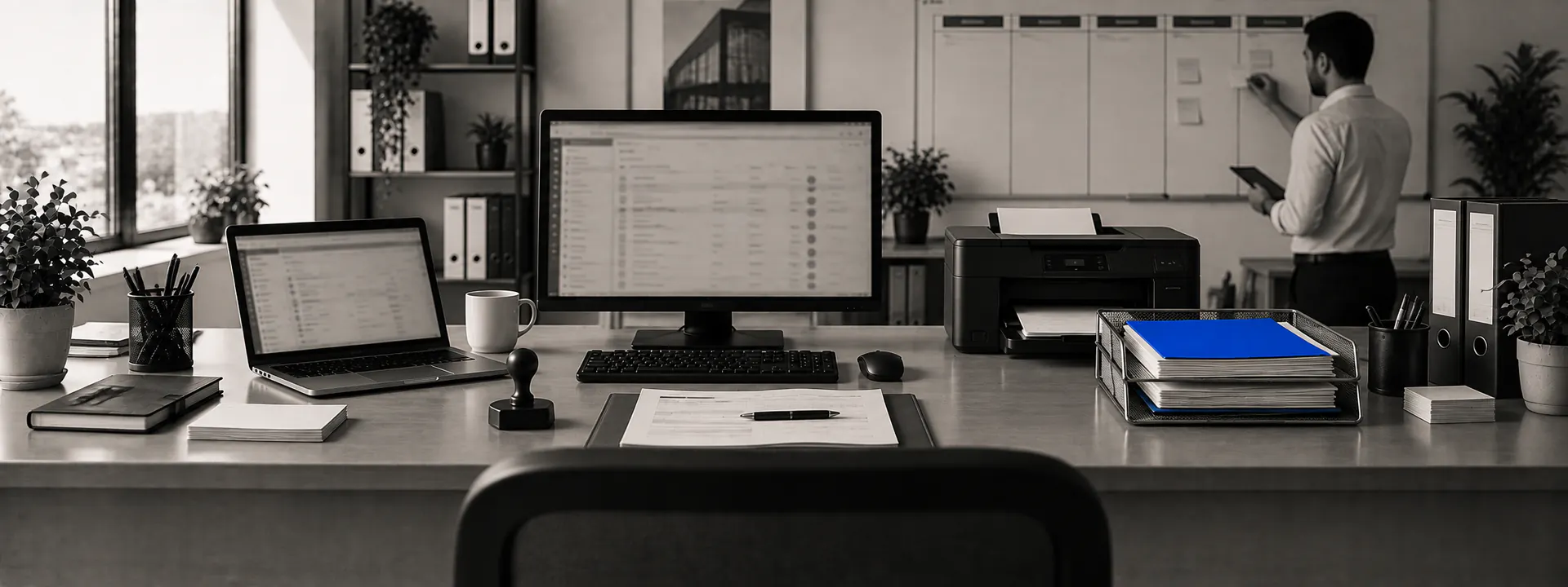 An operations office with an approvals dashboard, a tray of signed forms, a wall planner and a blue folder