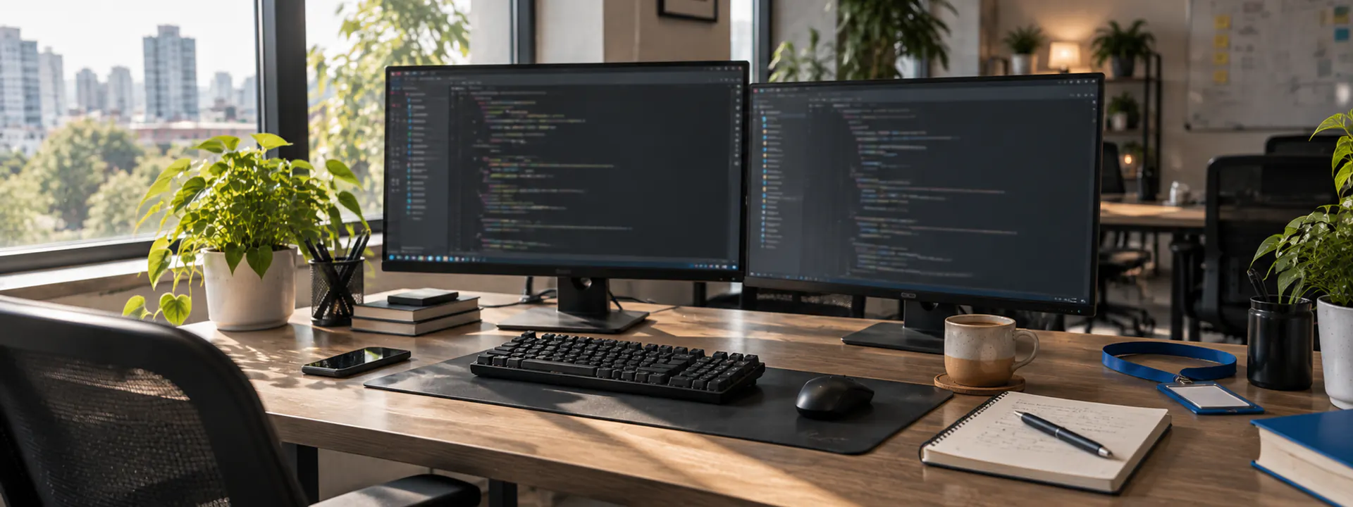 A developer desk in the Ahmedabad office with two monitors, a notebook, a cup of chai and a lanyard, window light from the left.
