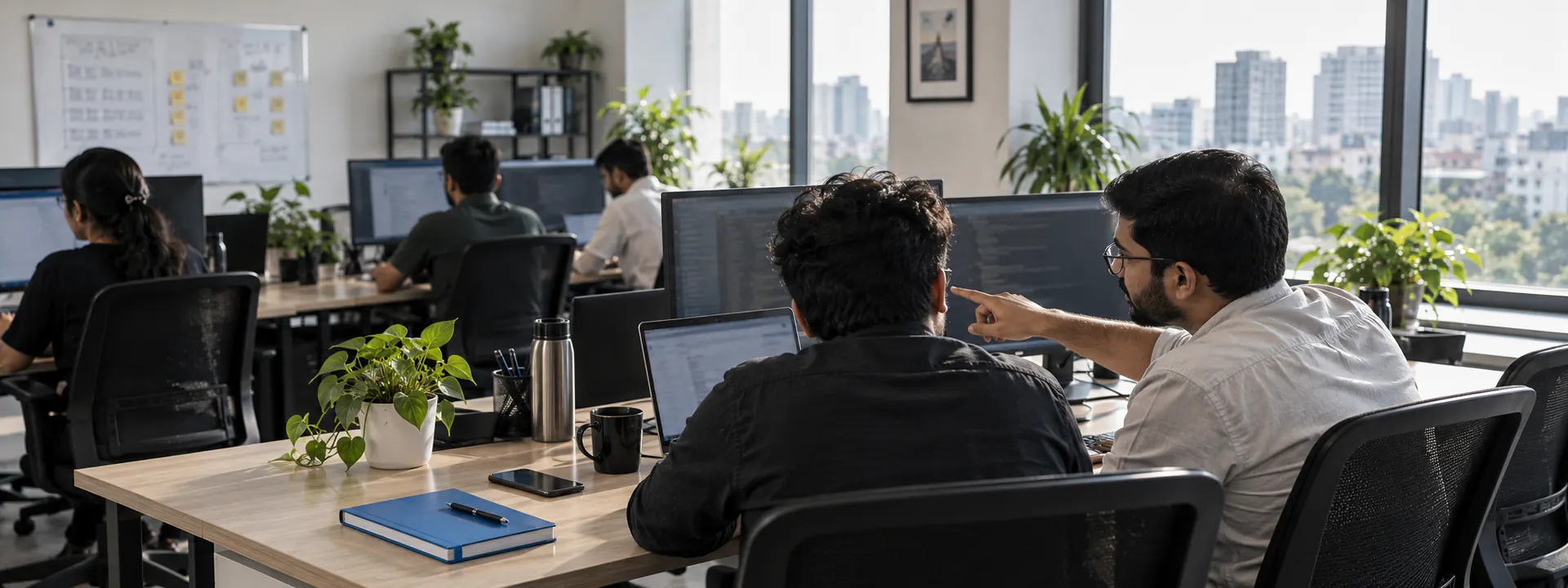 The QalbIT team at work in the Ahmedabad office, engineers at desks and two people talking over a screen in morning light.