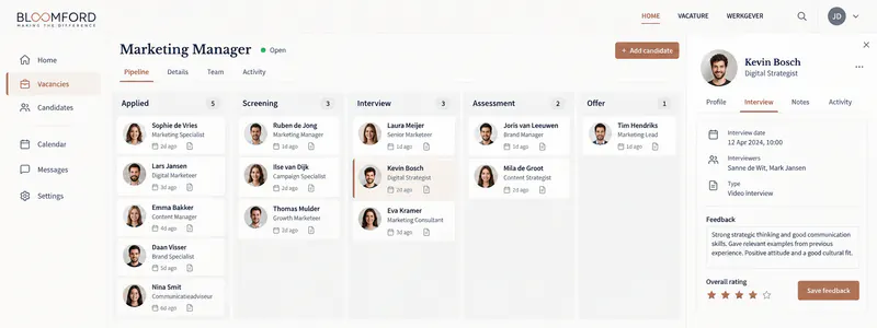 Bloomford recruiter dashboard: one vacancy pipeline from applied to offer
