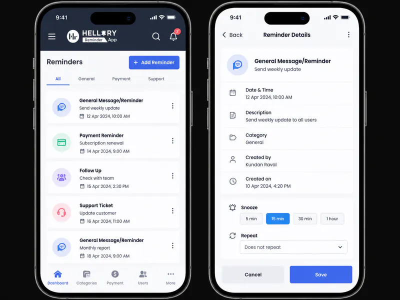 Hellory on two phones: the reminder list and one reminder’s snooze and repeat controls