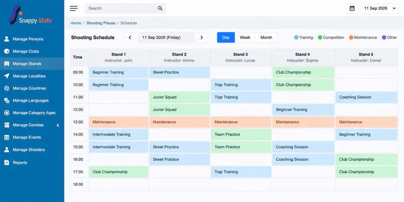Snappy Stats schedule board: lanes, time slots and classes assigned to instructors