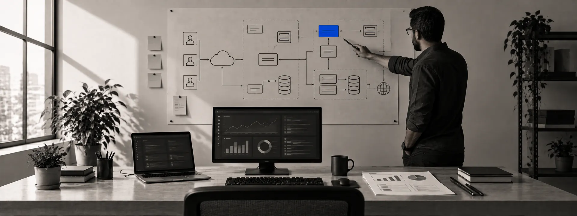 An infrastructure diagram on the wall, uptime graphs and a cost sheet below