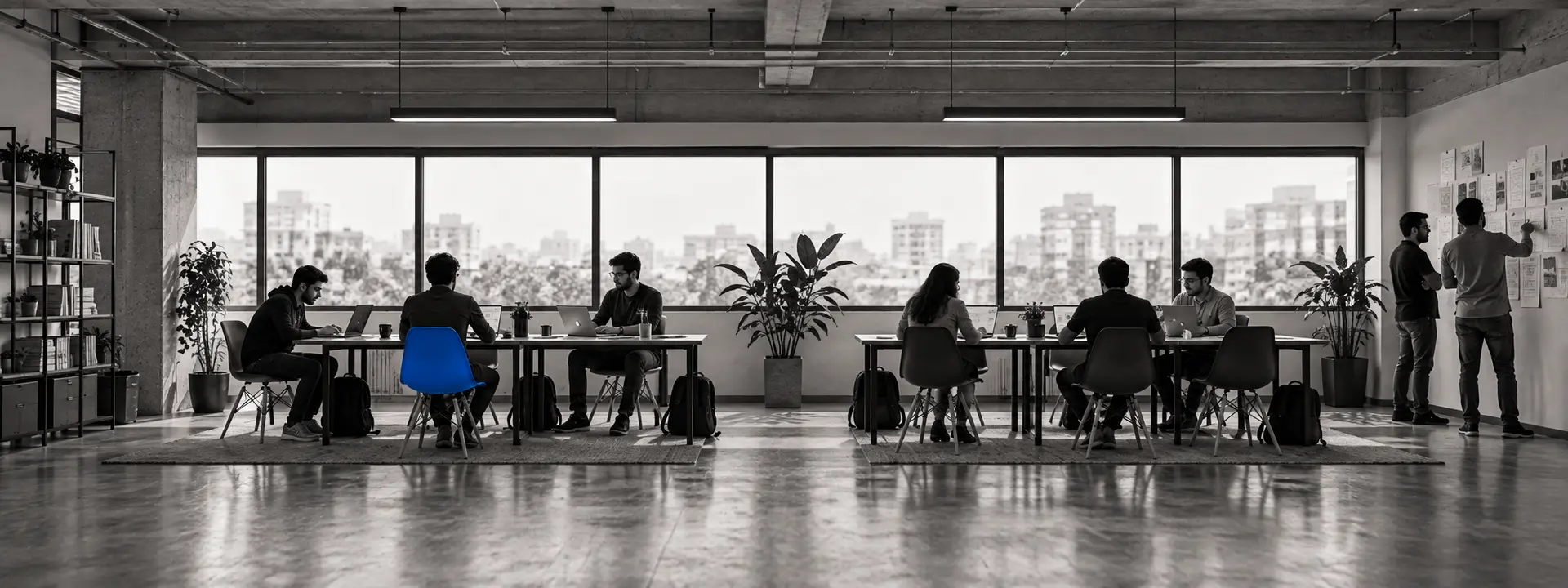 The QalbIT studio floor in Ahmedabad: engineers at shared tables, two at a wall of paper diagrams