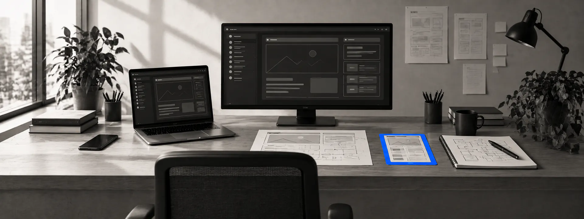 A web application at desktop and tablet widths on a developer's desk