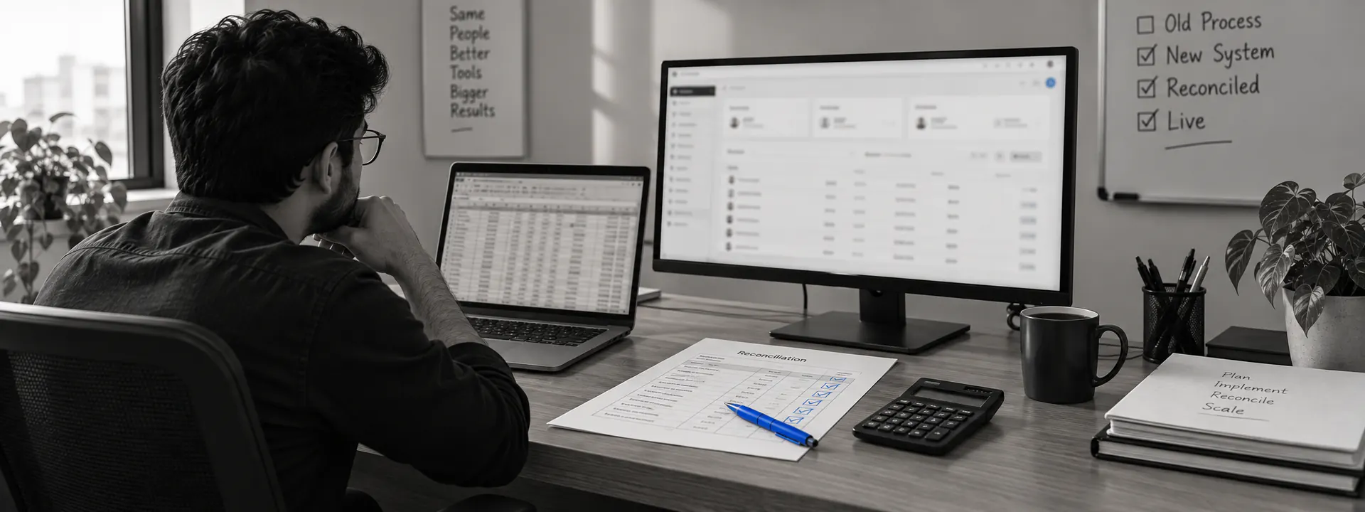 The first module live · the new system beside the old spreadsheet, running in parallel