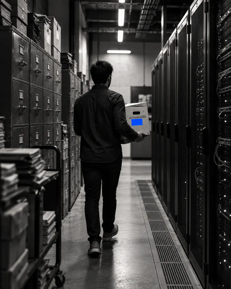 A person carrying an archive box between an old filing cabinet wall and a modern server rack