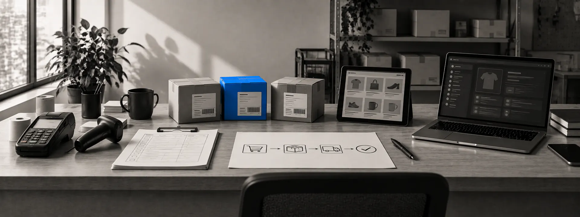 A storefront's back office: payment terminal, scanner, shipping boxes and an order sheet