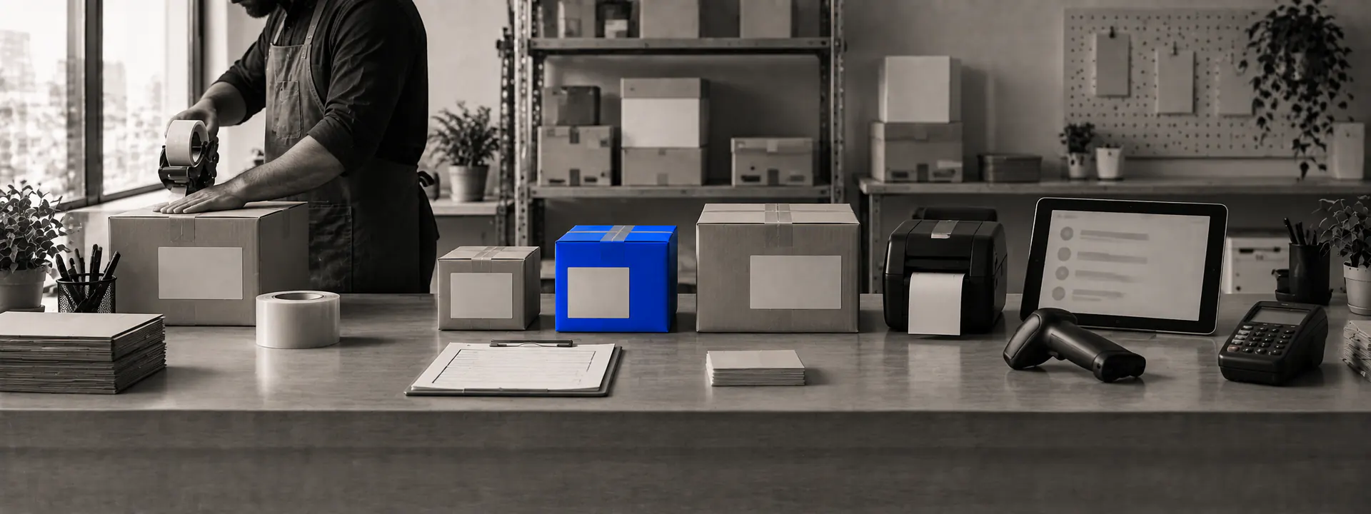 A packing bench with parcels, blank labels, a tablet order queue and a card terminal, one parcel in blue