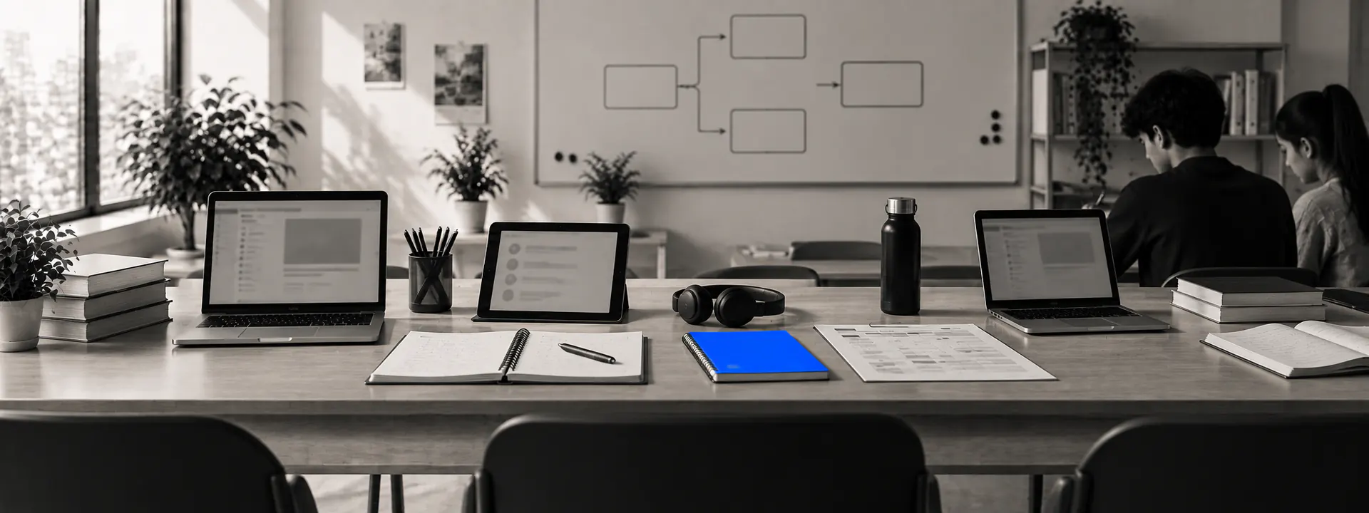 A study table with laptops showing lesson layouts, a printed timetable, headphones and a blue exercise book