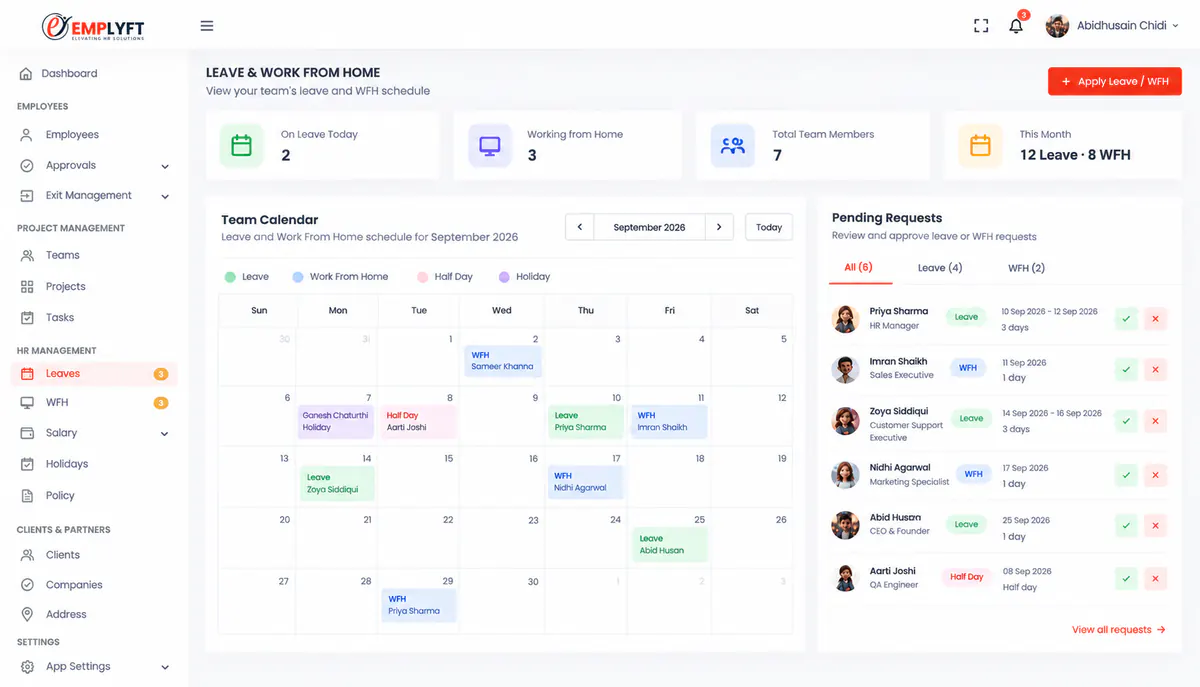 Emplyft leave and WFH · the team calendar and pending requests
