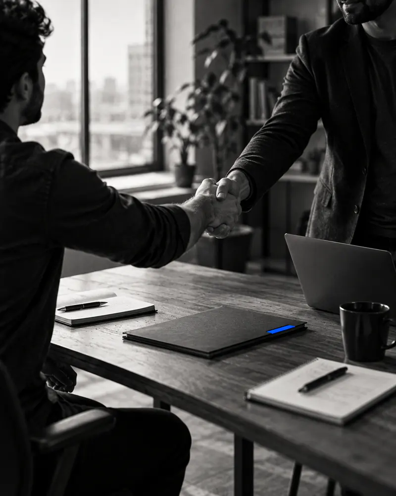 A handshake across a long table with open notebooks and a contract folder