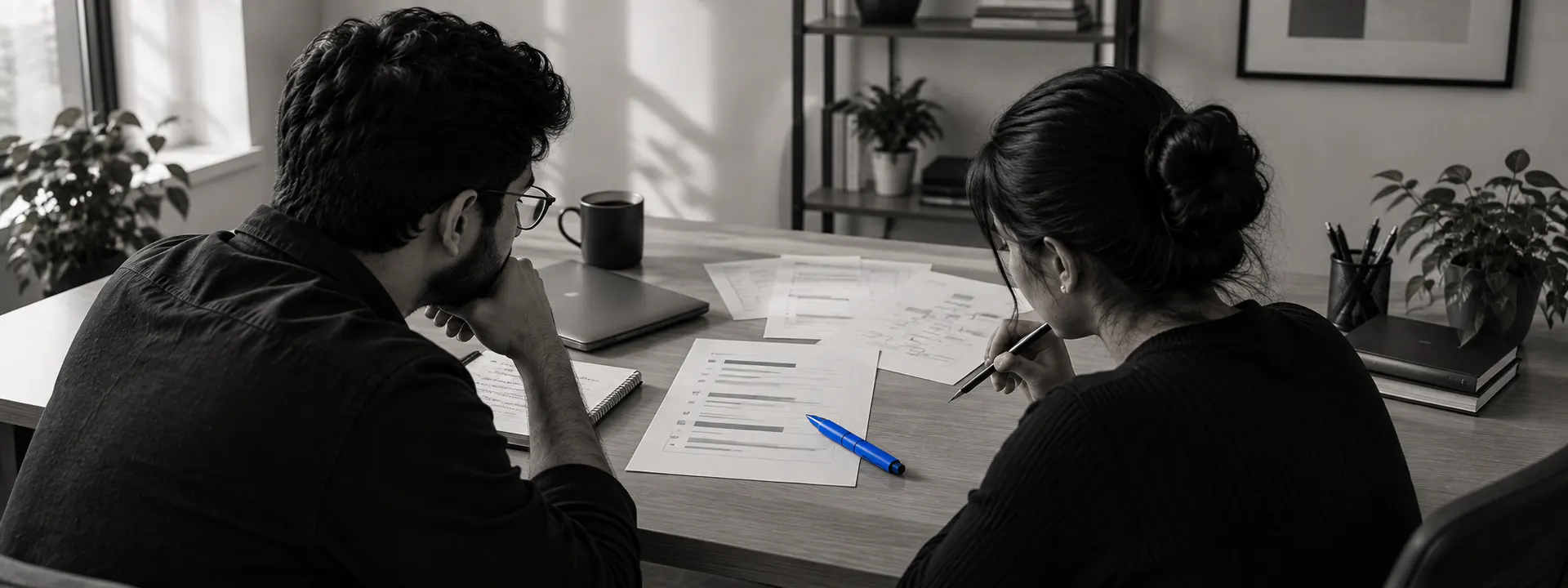 Choosing the model · a printed scope on the desk, a founder and an engineer weighing how settled it is